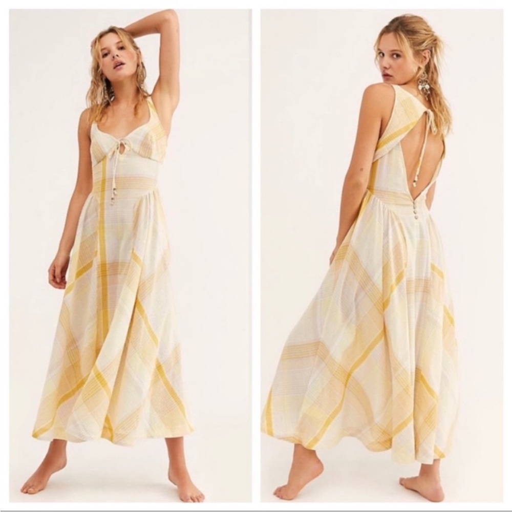 Free People All Tied Up Yellow Plaid Maxi Dress